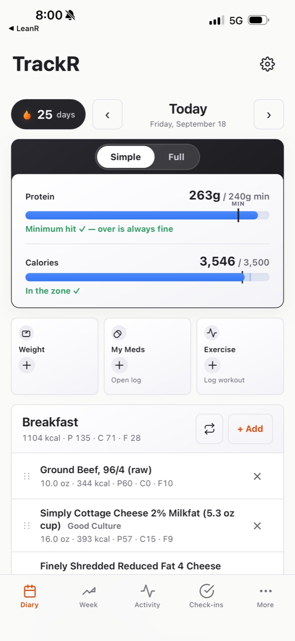 TrackR Simple mode showing protein and calorie progress with a food diary