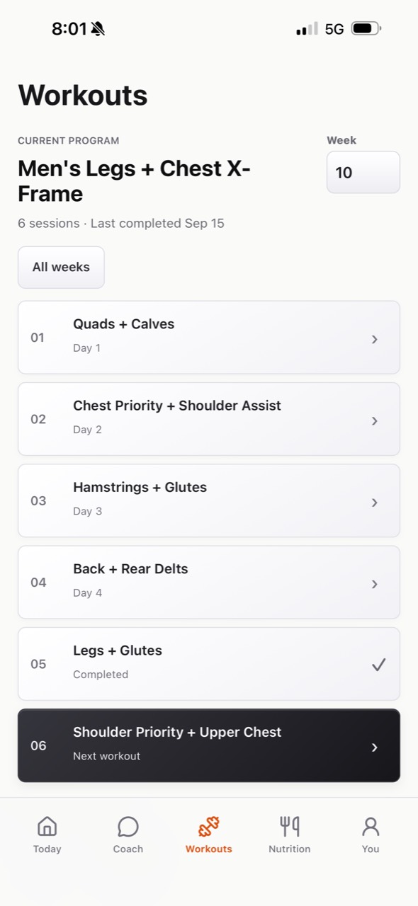 LeanR workout program with completed sessions and the next workout highlighted